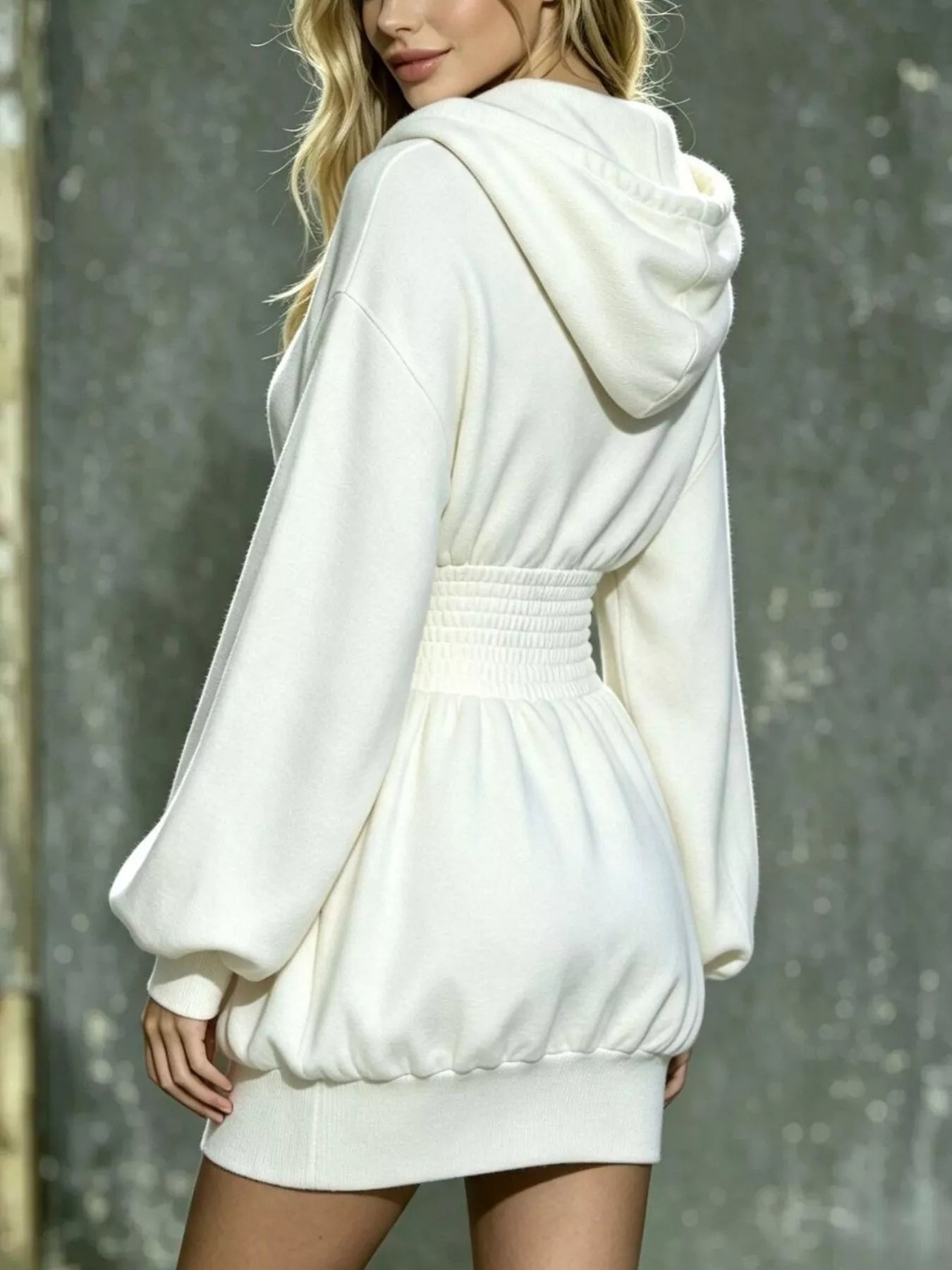 Hooded Long Sleeve Mini Dress with Smocked Waist