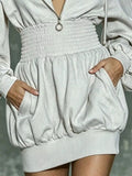 Hooded Long Sleeve Mini Dress with Smocked Waist