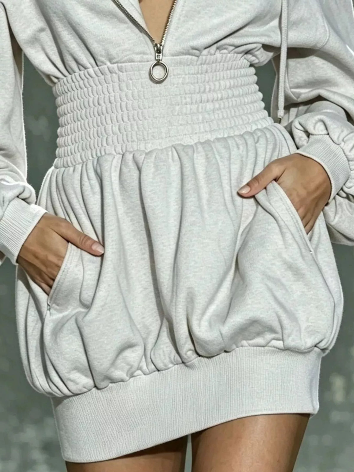 Hooded Long Sleeve Mini Dress with Smocked Waist