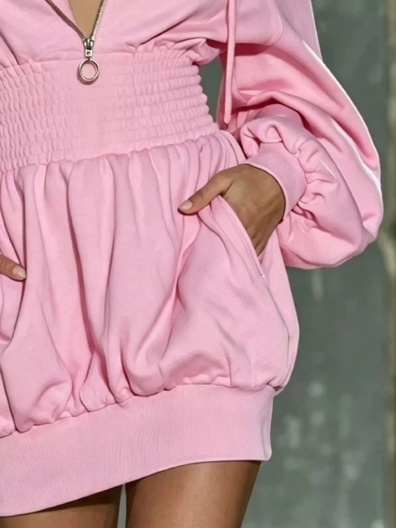 Hooded Long Sleeve Mini Dress with Smocked Waist