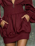 Hooded Long Sleeve Mini Dress with Smocked Waist