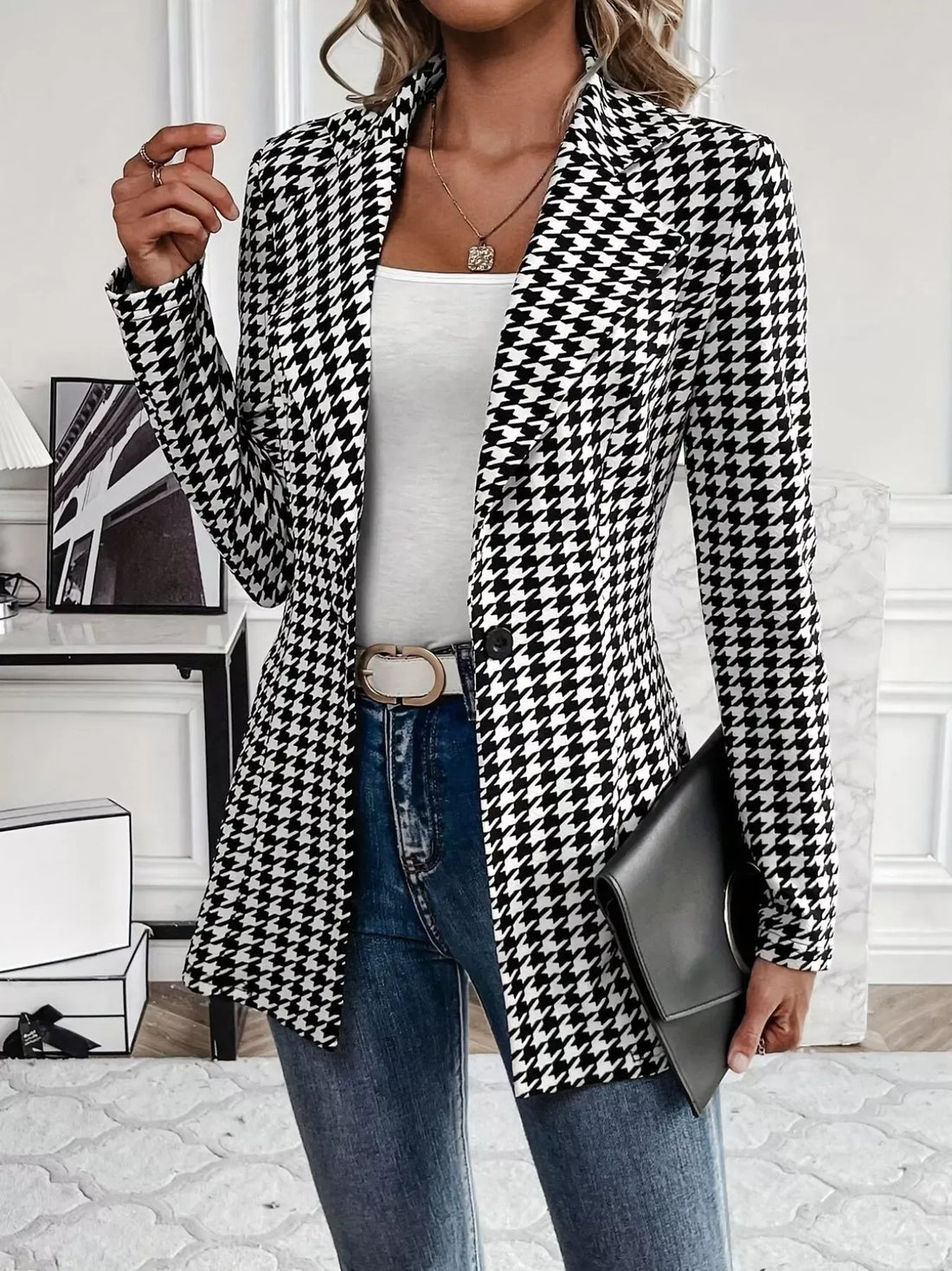 Houndstooth Print Lapel Collar Blazer Plaid / S