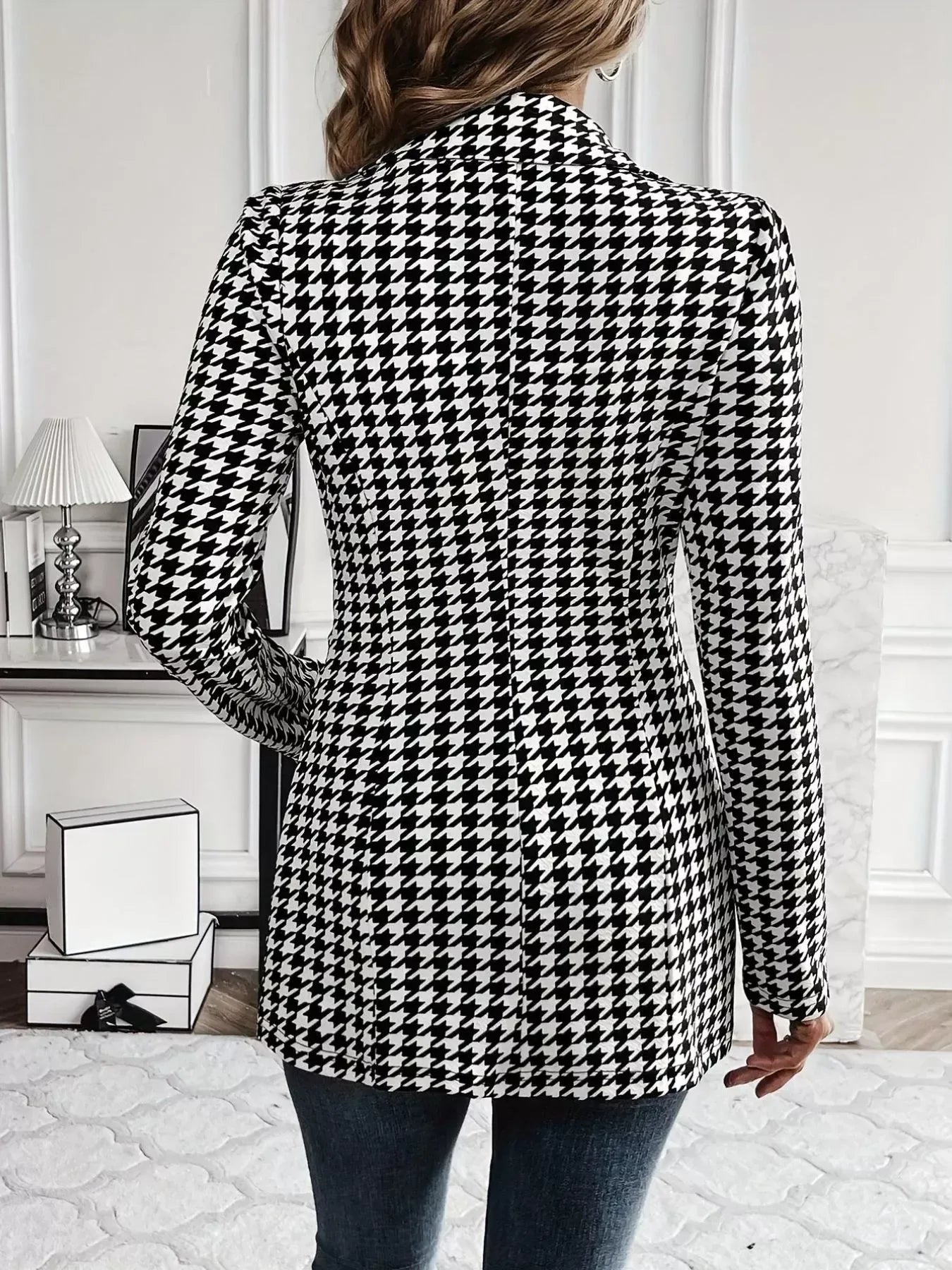 Houndstooth Print Lapel Collar Blazer