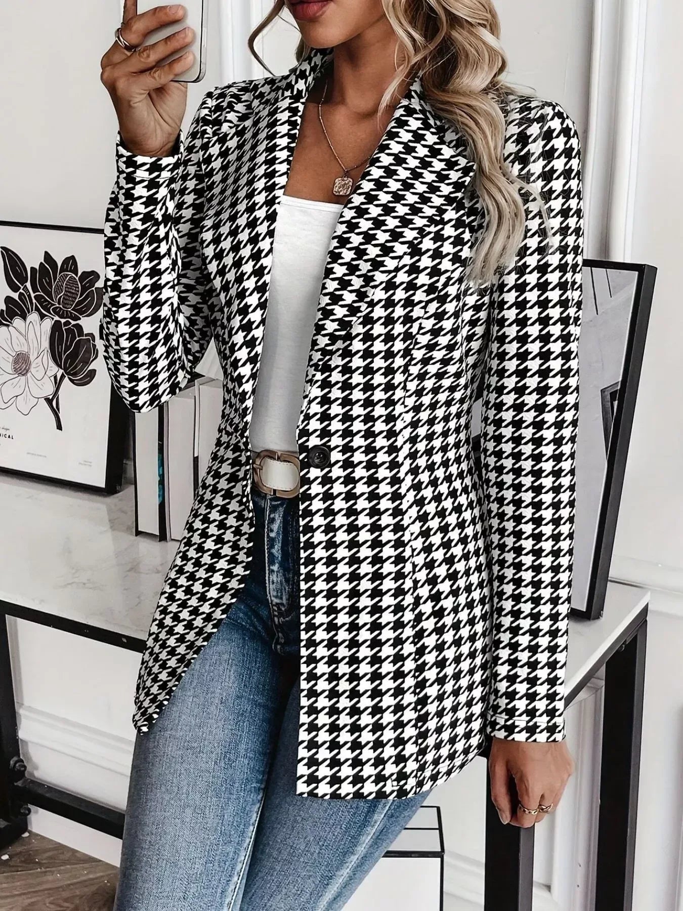 Houndstooth Print Lapel Collar Blazer Plaid / S