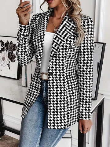 Houndstooth Print Lapel Collar Blazer Plaid / S