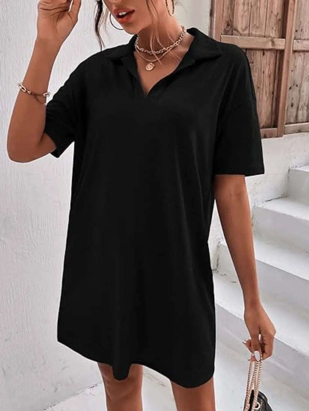 Johnny-Collar Short-Sleeve Polo Dress