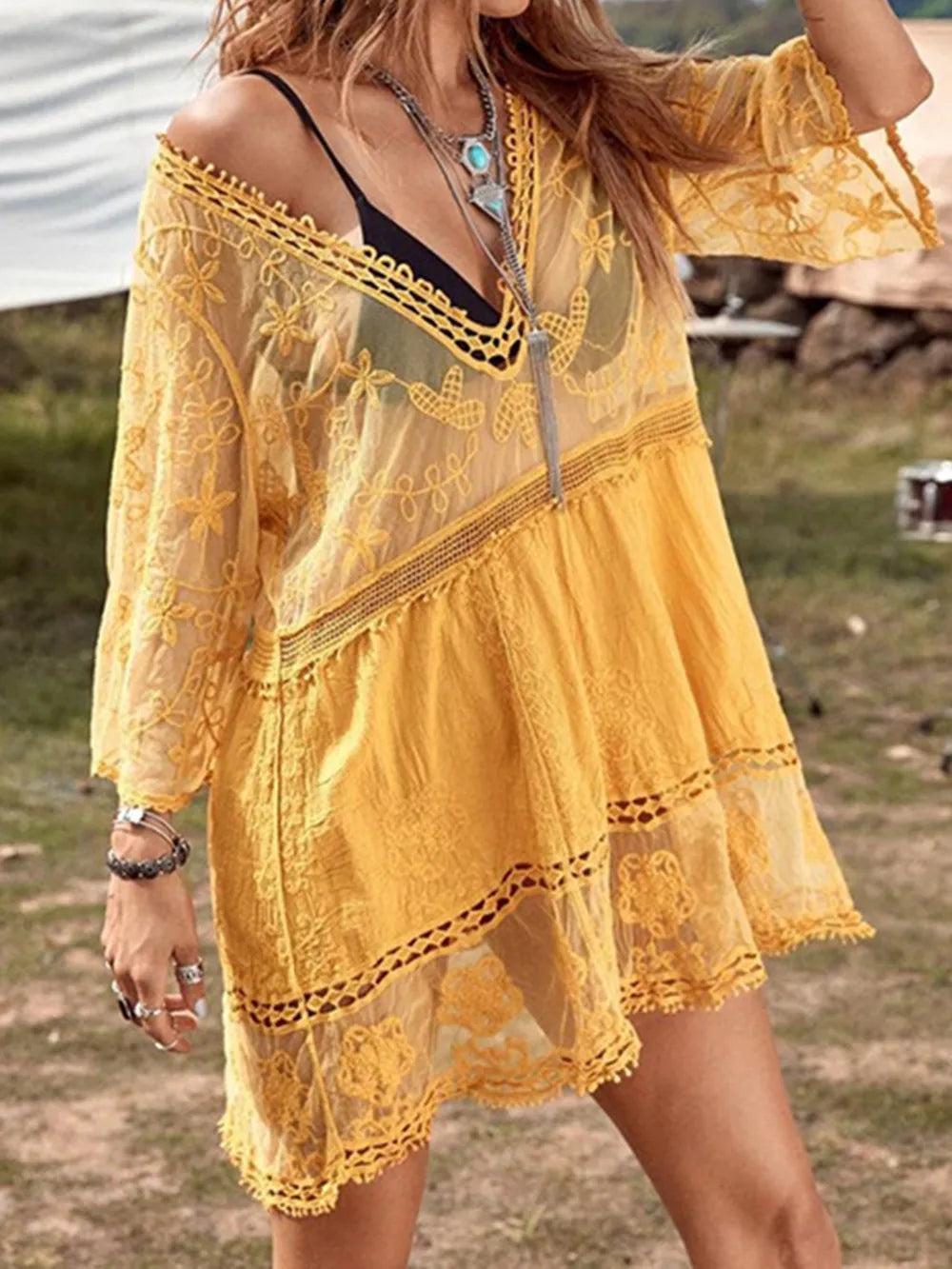 Lace Detail Plunge Cover-Up Dress Gold / One Size