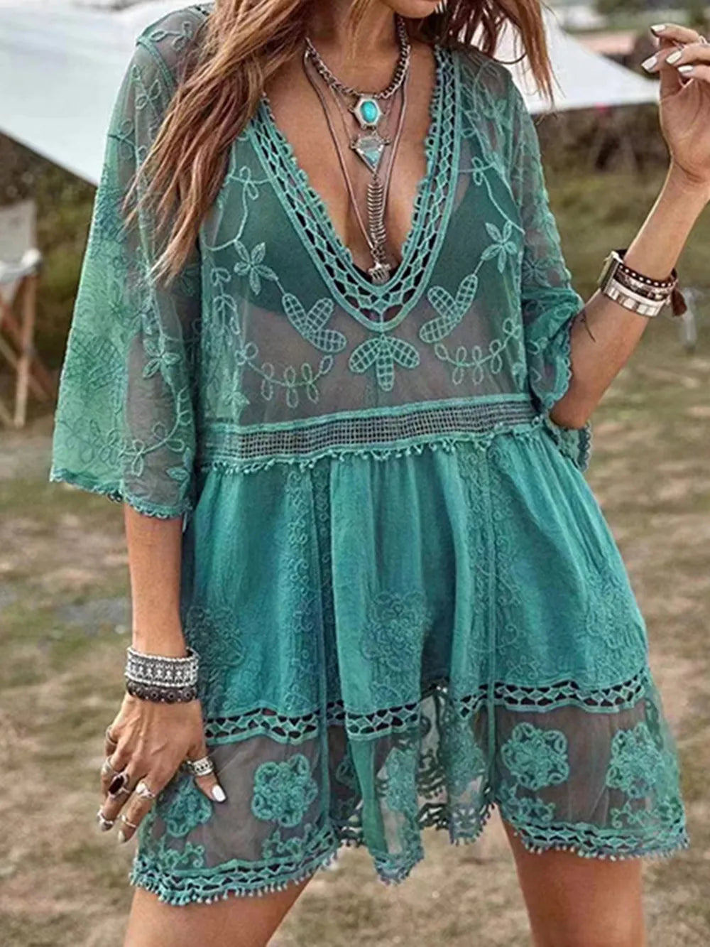 Lace Detail Plunge Cover-Up Dress Teal / One Size