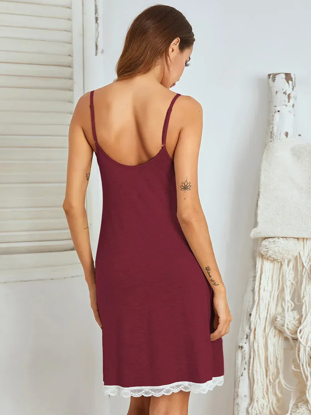 Lace Detail V-Neck Lounge Dress for Women Burgundy / L