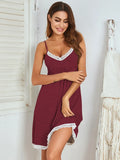Lace Detail V-Neck Lounge Dress for Women Burgundy / M