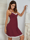 Lace Detail V-Neck Lounge Dress for Women Burgundy / S