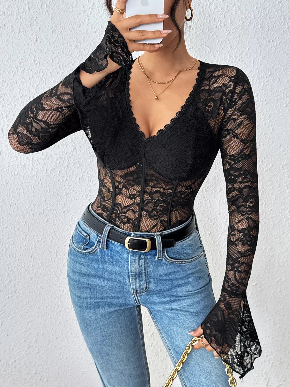 Bustier Sheer Lace Long Sleeve Bodysuit