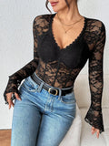 Bustier Sheer Lace Long Sleeve Bodysuit