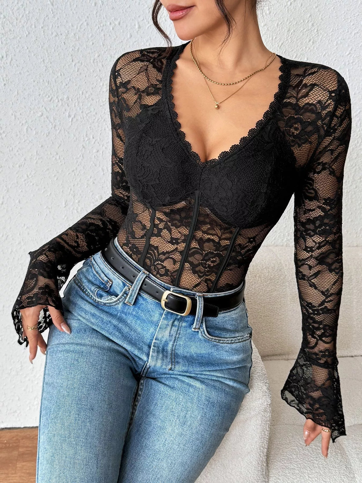 Bustier Sheer Lace Long Sleeve Bodysuit