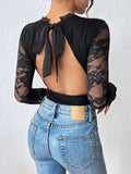 Scalloped V-Neck Lace Long Sleeve Bodysuit