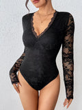 Scalloped V-Neck Lace Long Sleeve Bodysuit