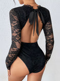 Scalloped V-Neck Lace Long Sleeve Bodysuit