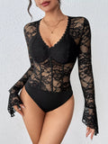Bustier Sheer Lace Long Sleeve Bodysuit
