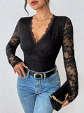 Scalloped V-Neck Lace Long Sleeve Bodysuit