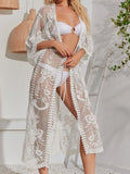 Lace Detail Open Front Longline Cover-Up White / One Size