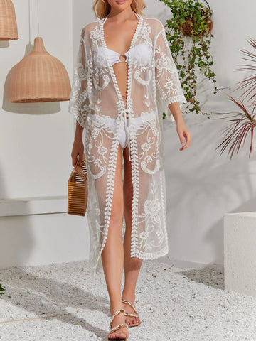 Lace Detail Open Front Longline Cover-Up White / One Size