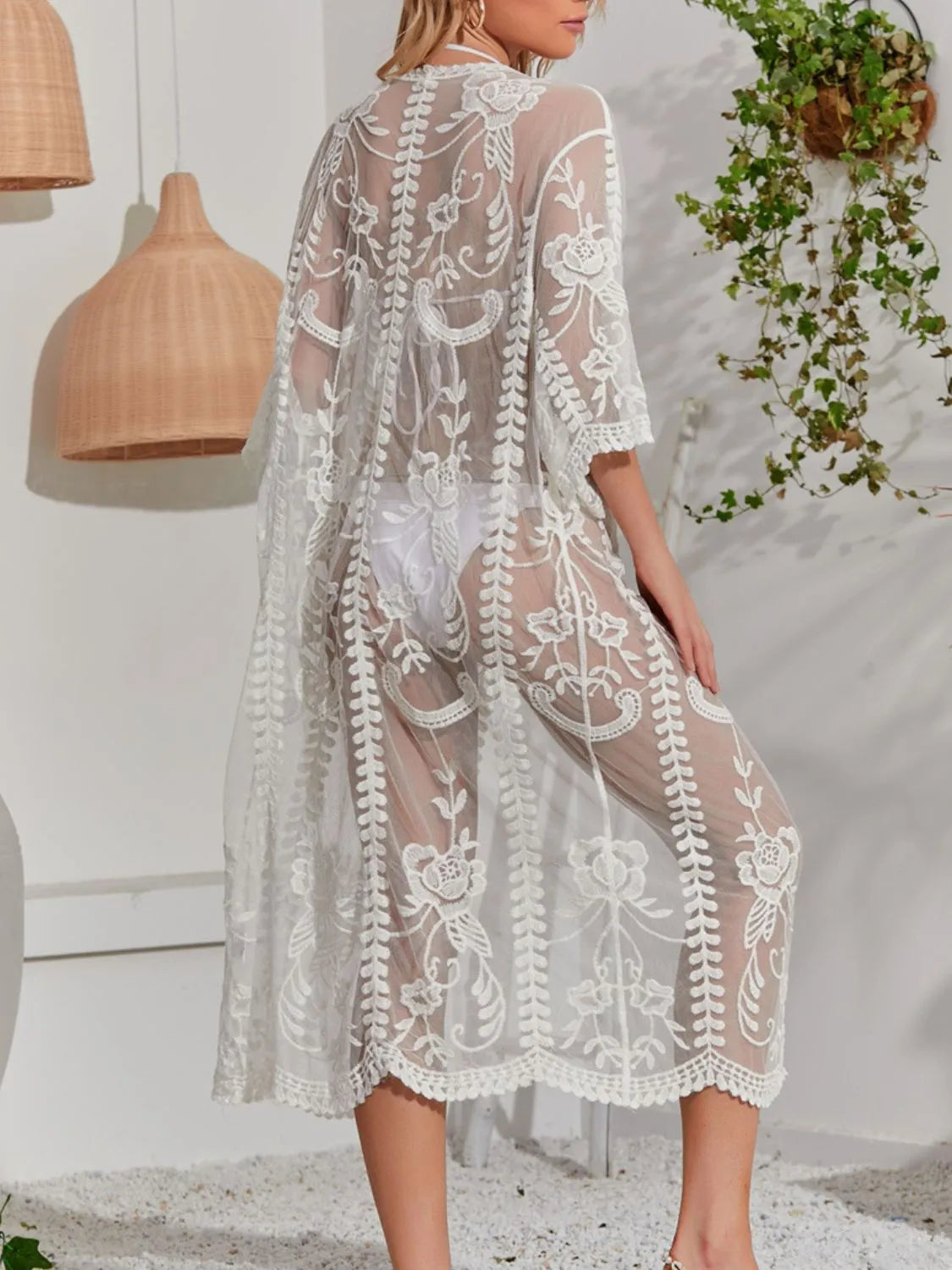 Lace Detail Open Front Longline Cover-Up White / One Size