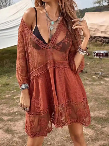 Lace Plunge Cover Up Dress Rust / One Size / Female