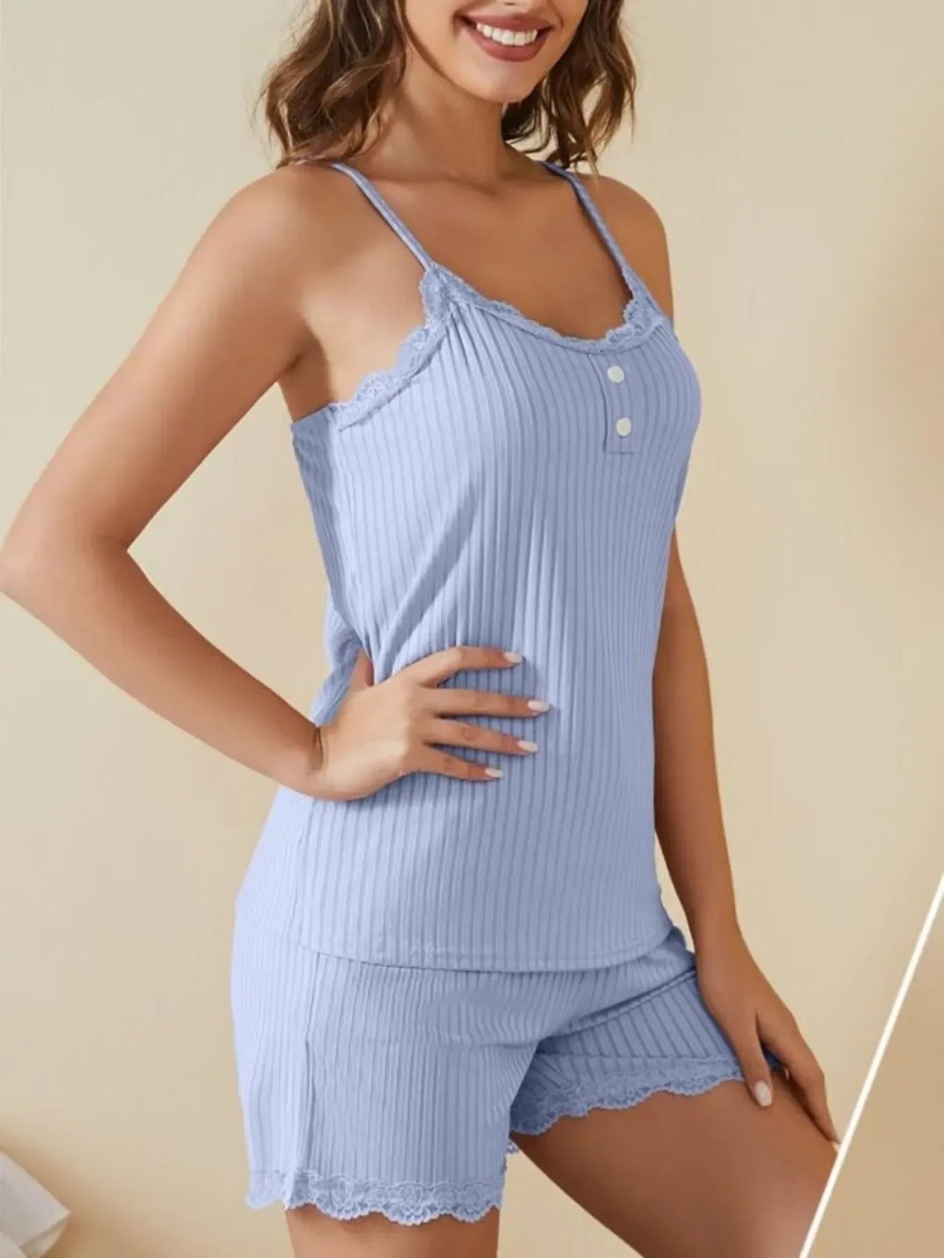 Lace Trim Ribbed Lounge Set for Women Light Blue / S