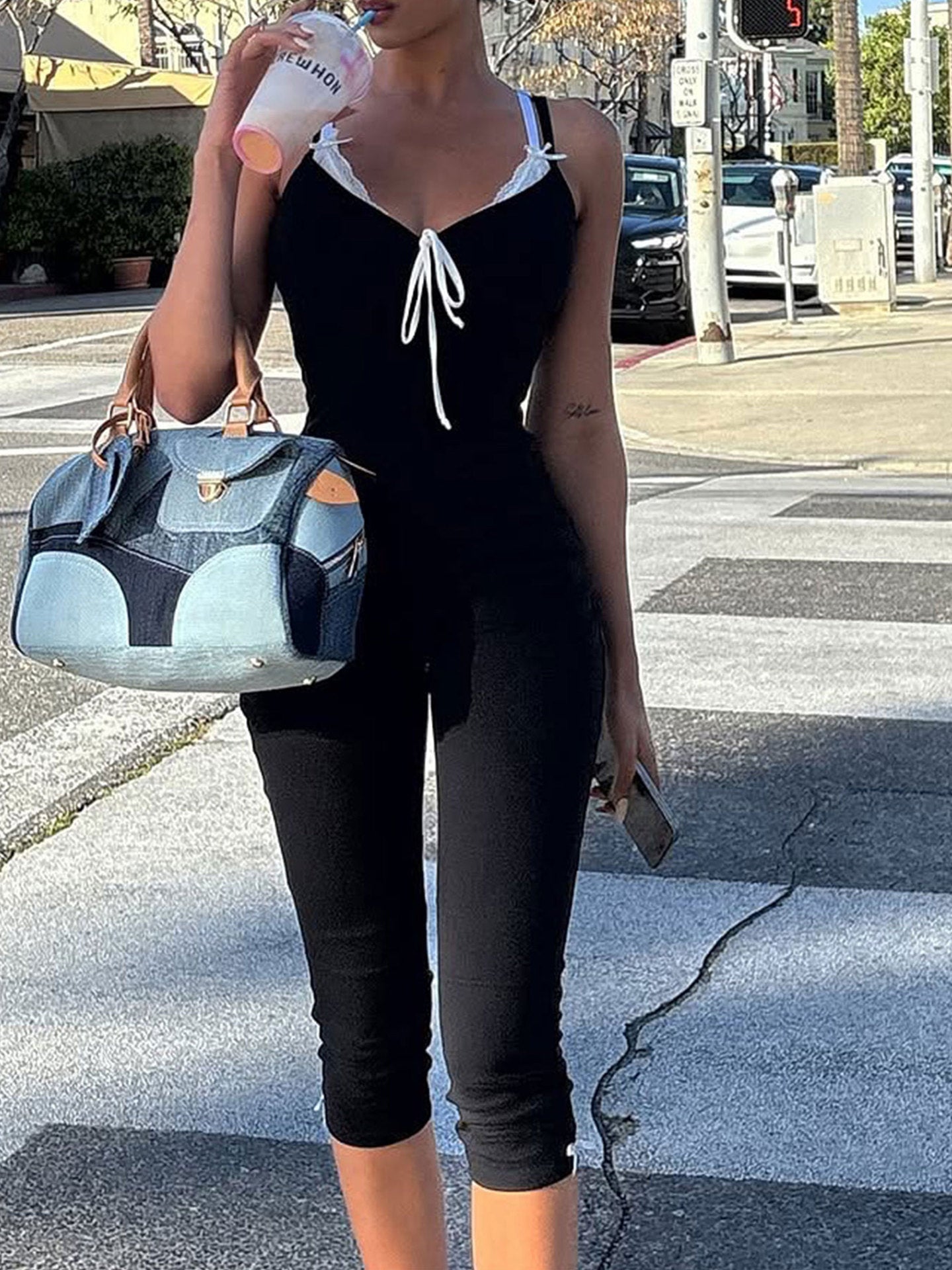 Lace Trim Tie-Front Capri Jumpsuit Black / S