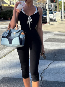 Lace Trim Tie Front Capri Jumpsuit