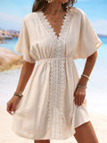 Lace Trim V-Neck Cover-Up Dress Tan / S