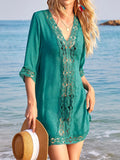 Lace Trim V-Neck Cover-Up Turquoise / S