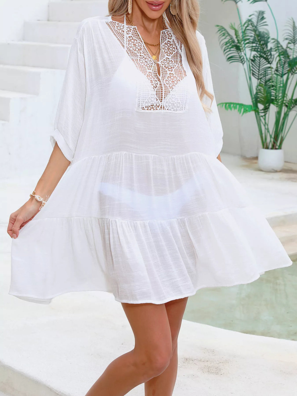 Lace Trimmed Tiered Cover-Up Dress White / One Size