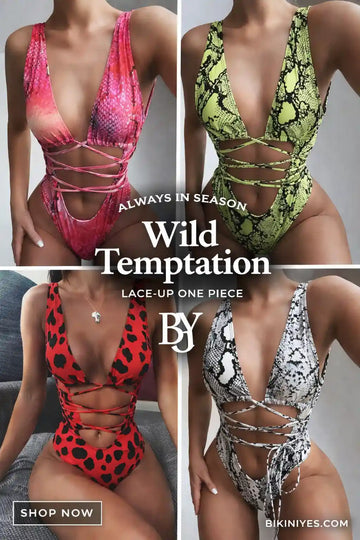 Lace-Up Backless Plunge One Piece Swimsuit