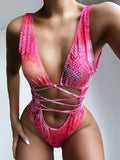 Lace-Up Backless Plunge One Piece Swimsuit Hot Pink / S