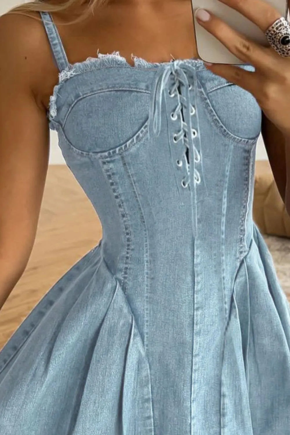 Lace Up Denim Cami Dress Light Blue / S