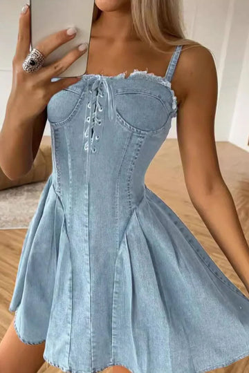 Lace Up Denim Cami Dress Light Blue / S