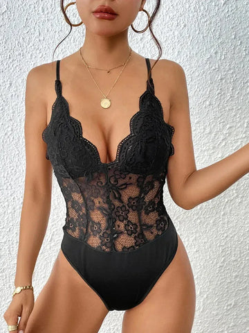 Lace V-Neck Bodysuit Black / S