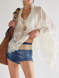 Lace V-Neck Ruffle Long Sleeve Cover-Up