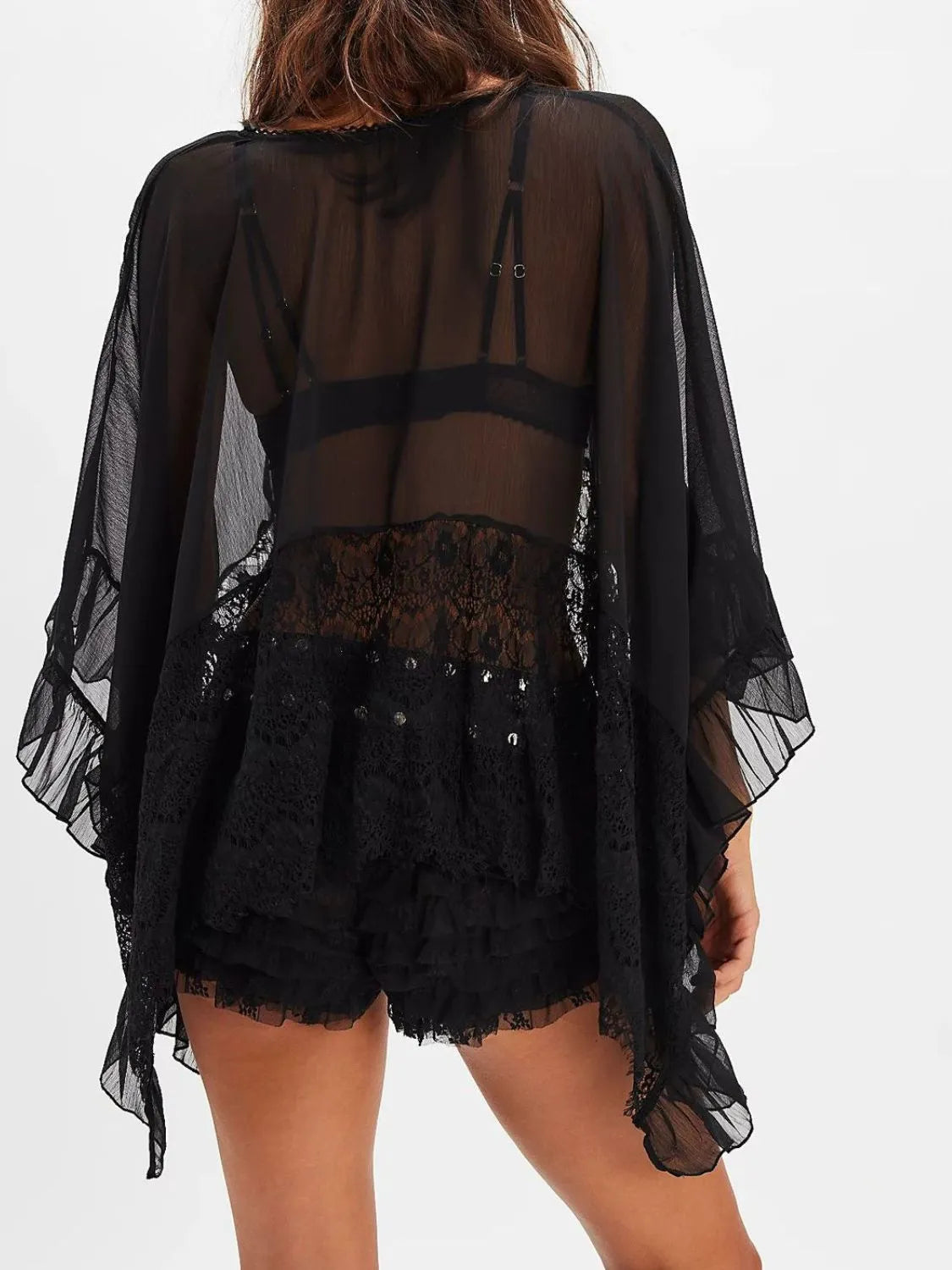 Lace V-Neck Ruffle Long Sleeve Cover-Up
