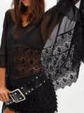 Lace V-Neck Ruffle Long Sleeve Cover-Up Black / S