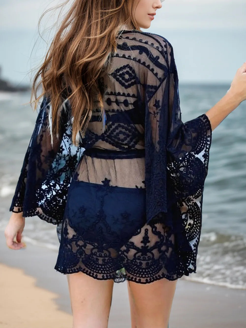 Lace V-Neck Three-Quarter Sleeve Cover Up Black / One Size