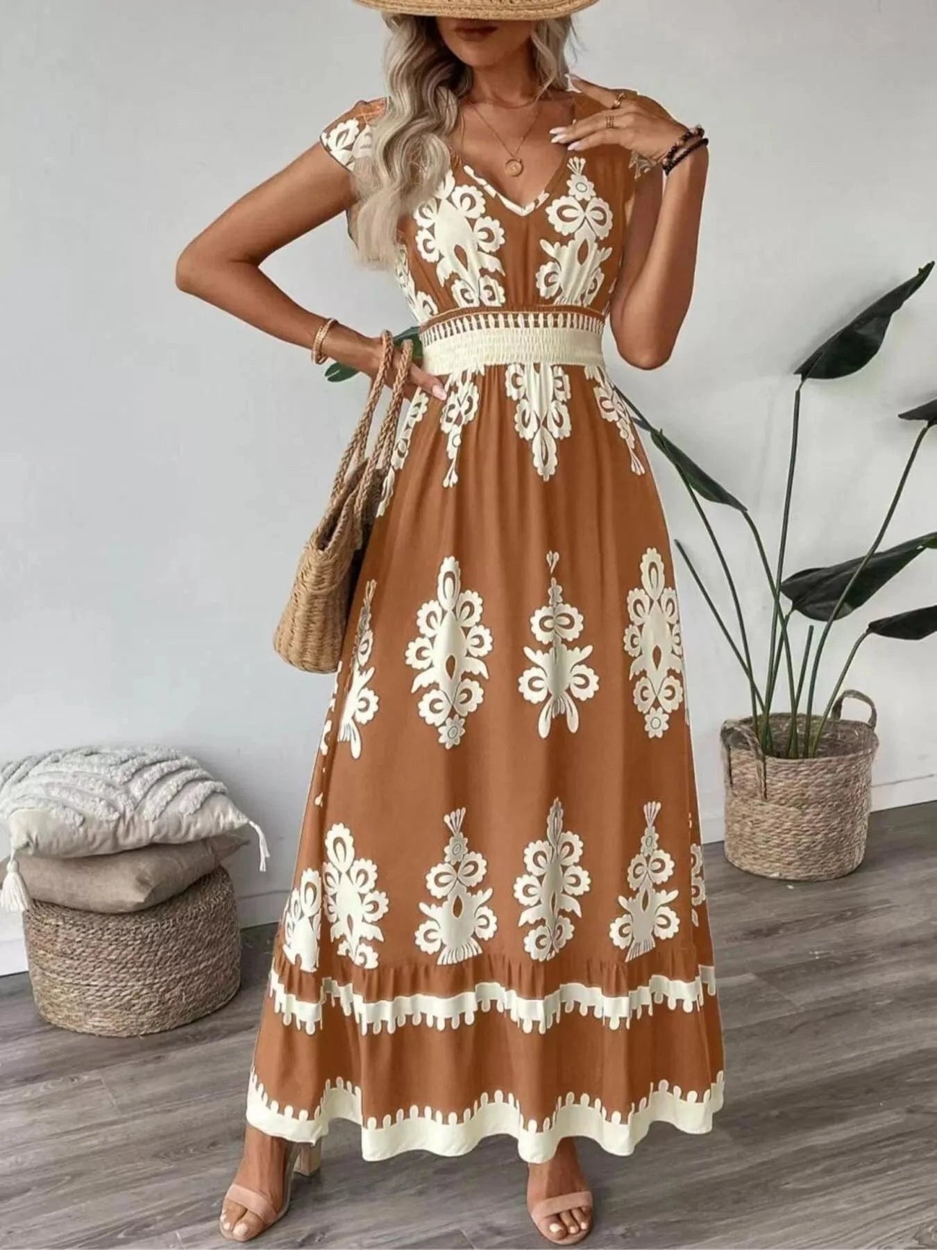 Earthy Yellow Printed V-Neck Ruffled Cap Sleeve Dress Ladies dresses