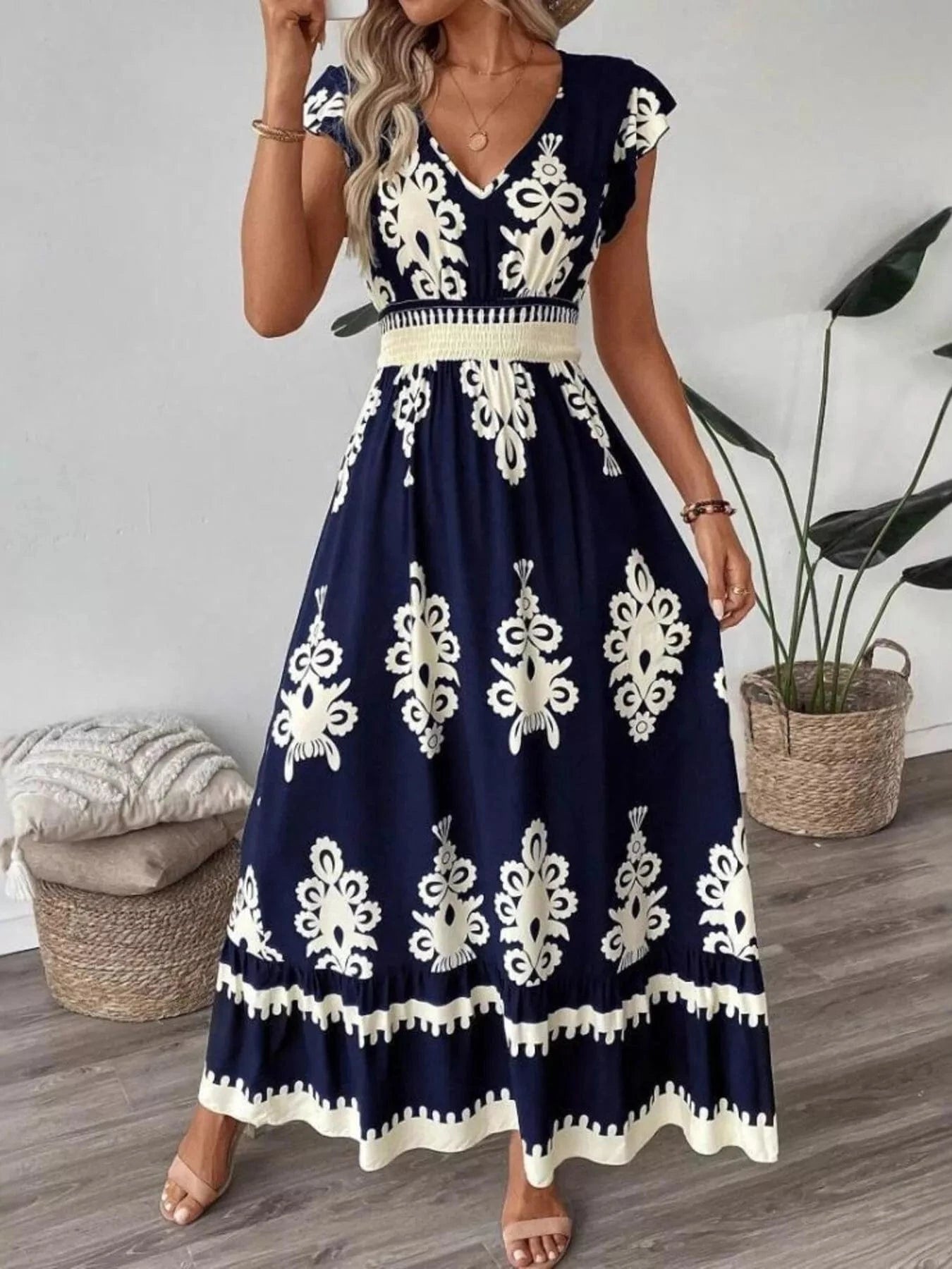 Navy Blue Printed V-Neck Ruffled Cap Sleeve Dress Ladies dresses