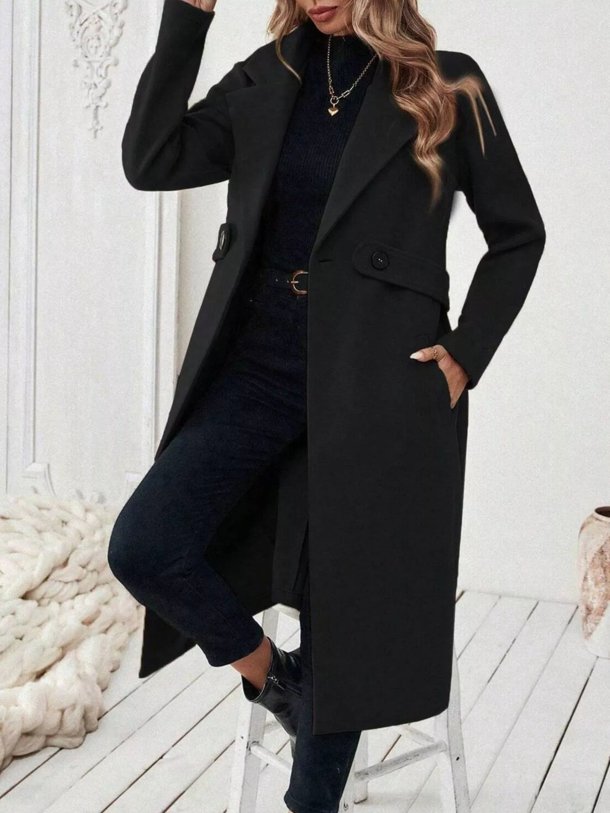 Lapel Collar Longline Coat Black / S