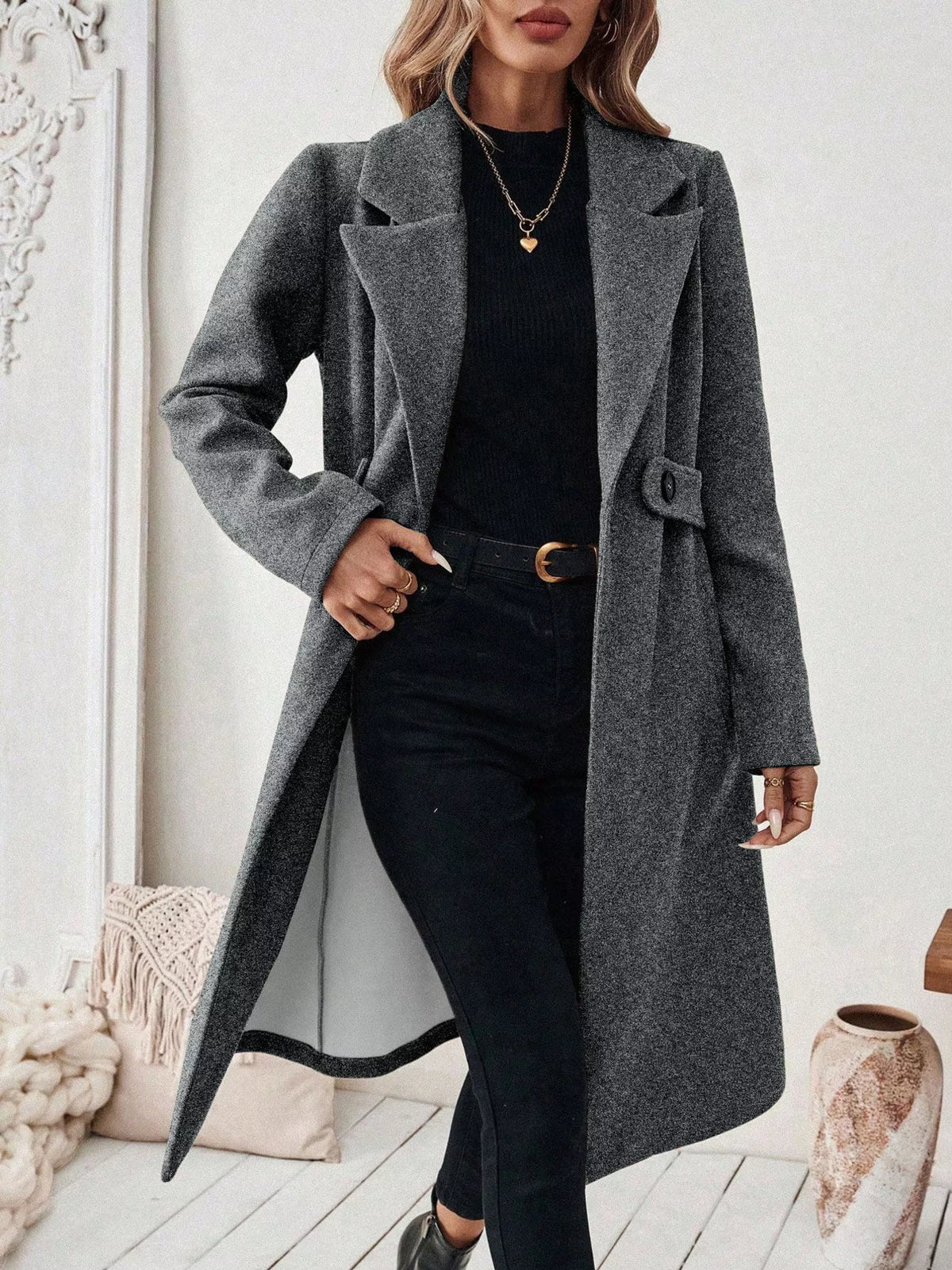 Lapel Collar Longline Coat Dark Gray / S