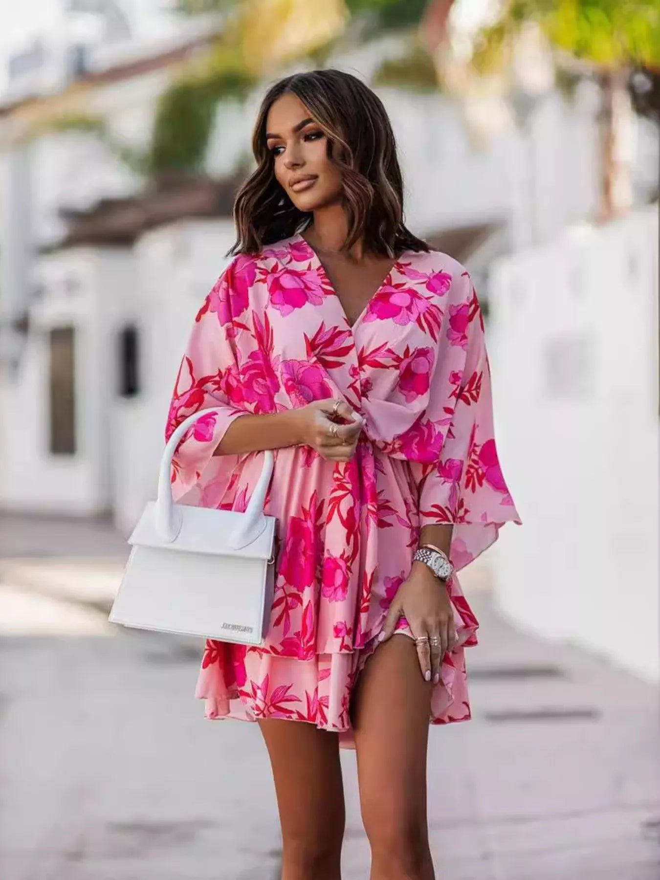 Layered Printed Surplice Mini Dress Hot Pink / S
