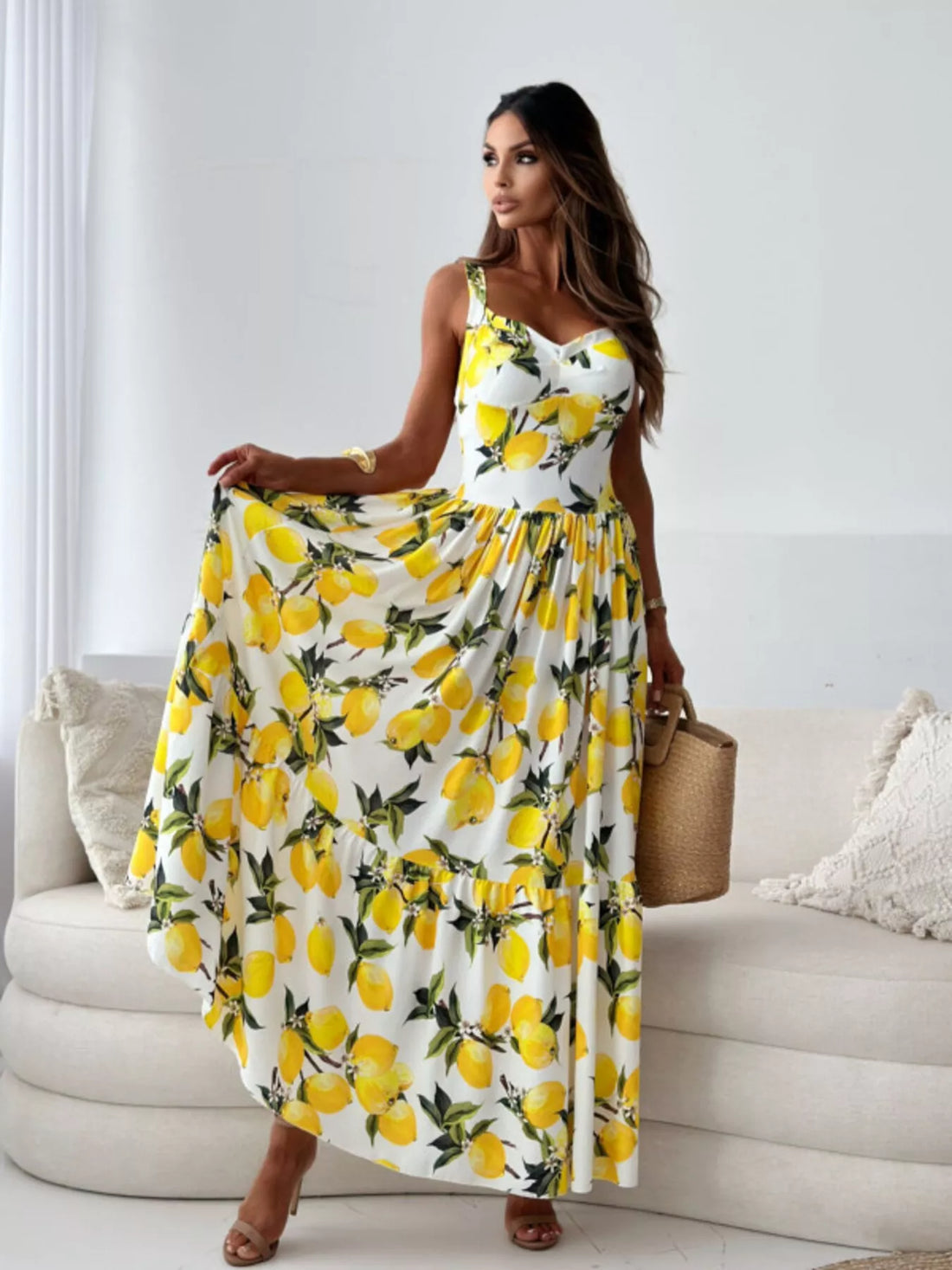 Lemon Print Spaghetti Straps Maxi Dress Yellow / S