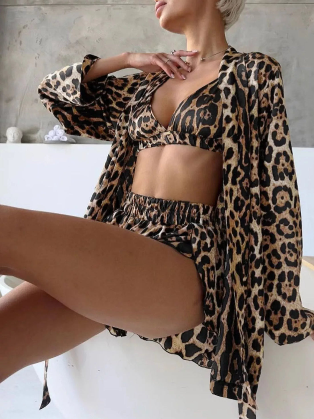 Leopard Bra & Cardigan and Shorts Set Leopard / S
