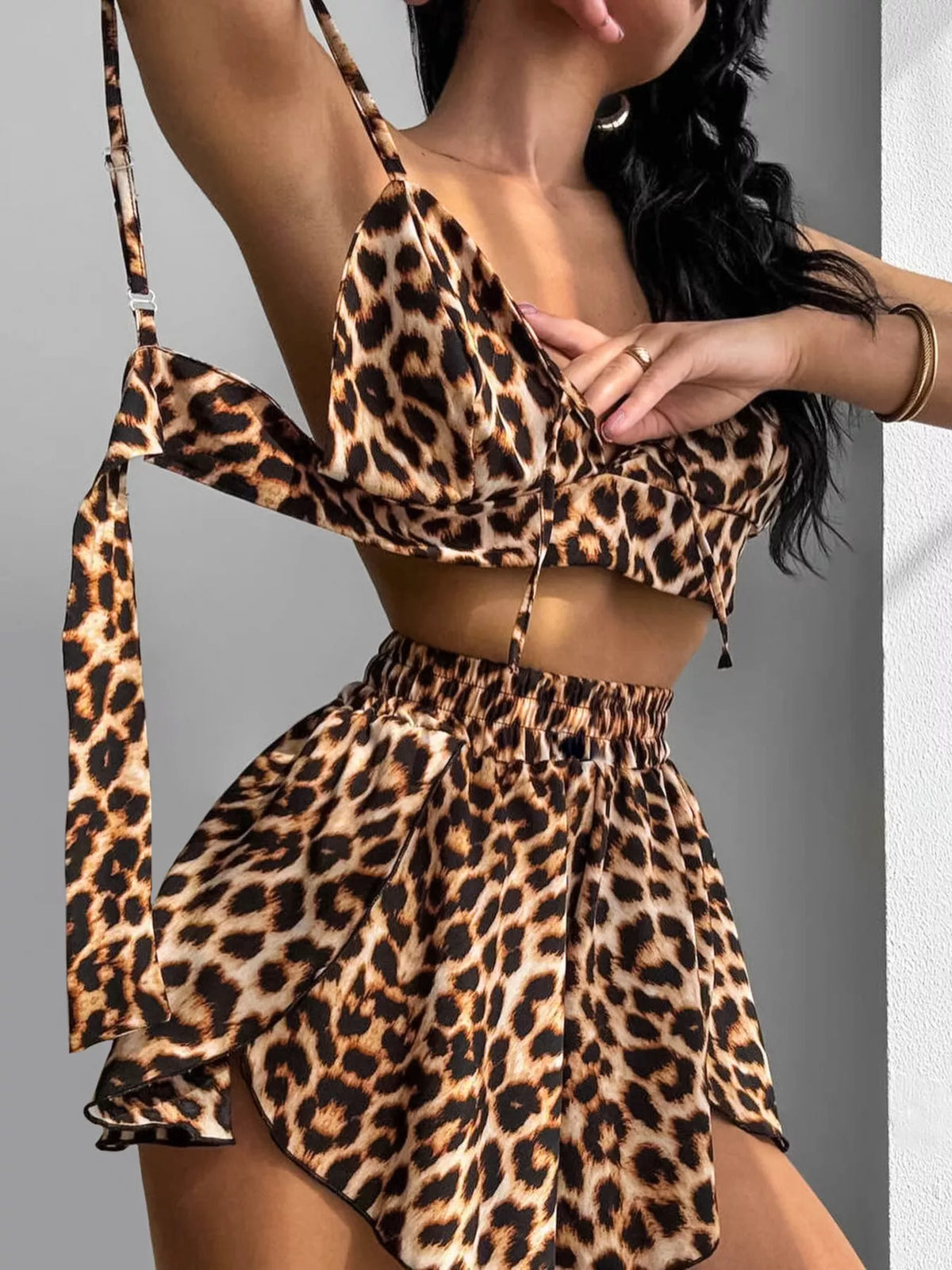 Leopard Cami & Cardigan and Shorts Three-Piece Lounge Set